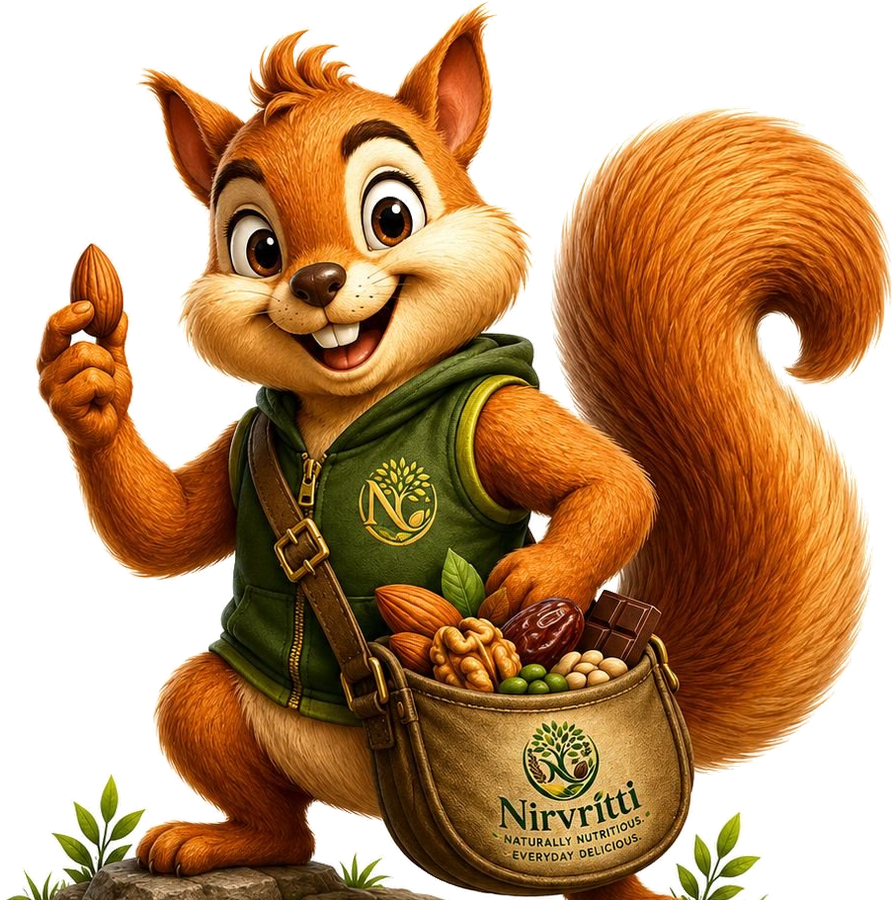 The Fit-Root squirrel mascot holding an almond, with a bag of nuts and chocolate